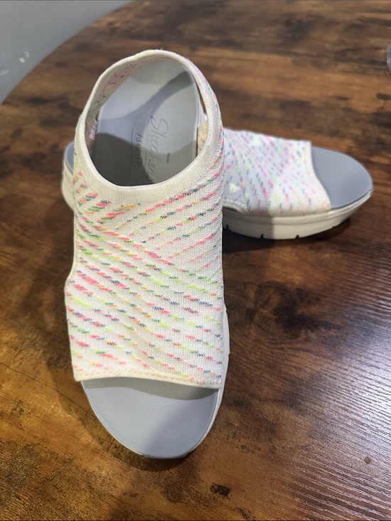 Skechers Shoes - Skechers White Knit Open-Toe Slip-On Sandals with Multicolor Flecks
